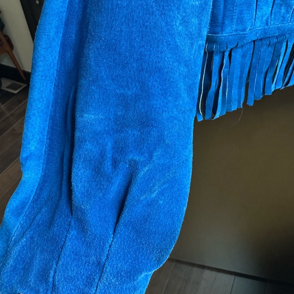 Vintage Blue Suede Fringe Cropped Jacket Western Boho Cowgirl M - Picture 6 of 9